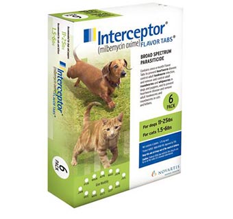 INTERCEPTOR® FLAVOR TABLETS 11-25 LB GREEN 6 DOSES; 10 BOX/CARTON (RX)