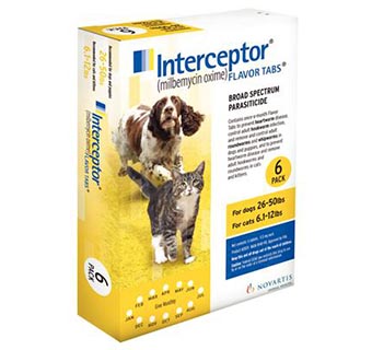 INTERCEPTOR® FLAVOR TABLETS 26-50 LB YELLOW 6 DOSES; 10 BOX/CARTON (RX)
