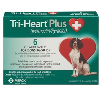 TRI-HEART® PLUS CHEWABLE TABLETS 25-50 LB GREEN 136MG 6 DOSES X 10 BOXES (RX)