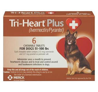 TRI-HEART® PLUS CHEWABLE TABLETS 51-100 LB BROWN 272MG 6 DOSES X 10 BOXES (RX)