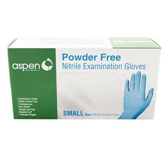 ASPEN NITRILE EXAM GLOVES POWDER FREE BLUE 5 MIL SMALL 100/PKG