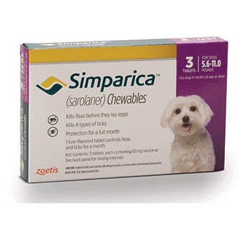 SIMPARICA™ CHEWABLE TABLETS 5.6-11.0 LB – 10 MG PURPLE 10 X 3/PKG (RX)
