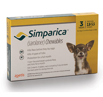 SIMPARICA™ CHEWABLE TABLETS 2.8-5.5 LB – 5 MG YELLOW 10 X 3/PKG (RX)