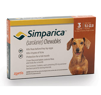 SIMPARICA™ CHEWABLE TABLETS 11.1-22.0 LB – 20 MG  ORANGE 10 X 3/PKG (RX)