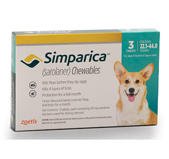 SIMPARICA™ CHEWABLE TABLETS 22.1-44.0 LB – 40 MG TEAL 10 X 3/PKG (RX)