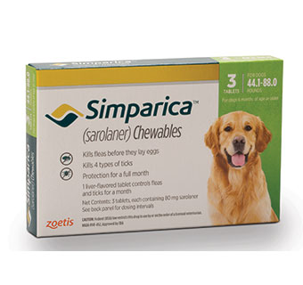 SIMPARICA™ CHEWABLE TABLETS 44.1-88.0 LB – 80 MG GREEN 10 X 3/PKG (RX)