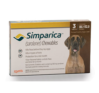 SIMPARICA™ CHEWABLE TABLETS 88.1-132.0 LB – 120 MG 10 X 3/PKG (RX)
