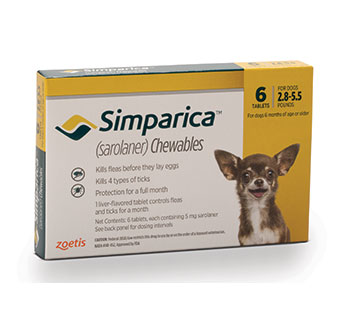 SIMPARICA™ CHEWABLE TABLETS 2.8-5.5 LB – 5 MG YELLOW 10 X 6/PKG (RX)