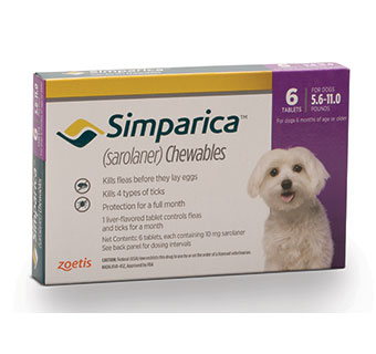 SIMPARICA™ CHEWABLE TABLETS 5.6-11.0 LB – 10 MG PURPLE 10 X 6/PKG (RX)