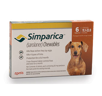 SIMPARICA™ CHEWABLE TABLETS 11.1-22.0 LB – 20 MG ORANGE 10 X 6/PKG (RX)
