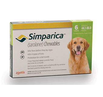 SIMPARICA™ CHEWABLE TABLETS 44.1-88.0 LB – 80 MG GREEN 10 X 6/PKG (RX)