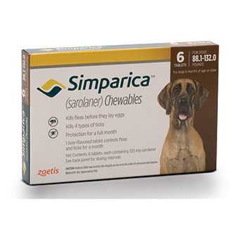 SIMPARICA™ CHEWABLE TABLETS 88.1-132.0 LB – 120 MG BROWN 10 X 6/PKG (RX)