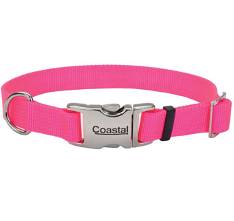 61401 ADJ DOG COLLAR WITH METAL BUCKLE NYLON 10 - 14 IN X 5/8 IN NEON PINK
